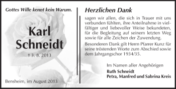 Traueranzeige von Karl Schneidt von Starkenburger Echo, Bergsträßer Anzeiger