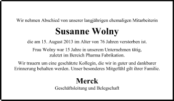Traueranzeige von Susanne Wolny von Echo-Zeitungen (Gesamtausgabe)