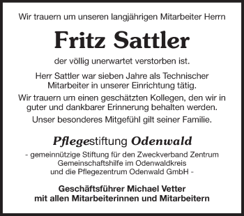Traueranzeige von Fritz Sattler von Odenwälder Echo
