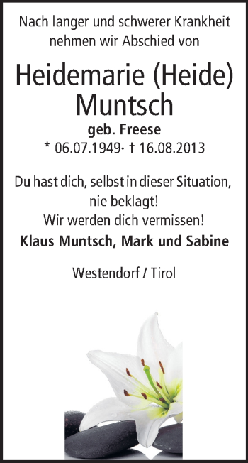 Traueranzeige von Heidemarie Muntsch von Echo-Zeitungen (Gesamtausgabe)