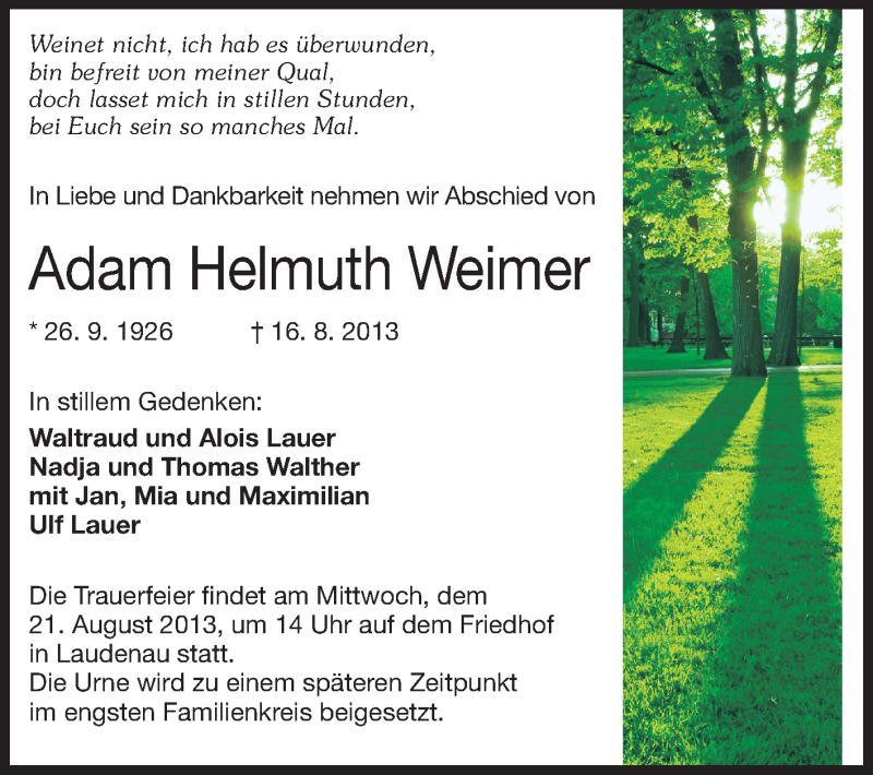  Traueranzeige für Adam Helmuth Weimer vom 19.08.2013 aus Echo-Zeitungen (Gesamtausgabe)