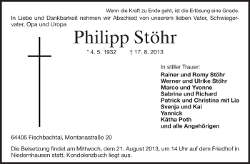 Traueranzeige von Philipp Stöhr von Echo-Zeitungen (Gesamtausgabe)