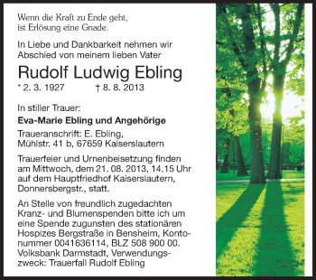 Traueranzeige von Rudolf Ludwig Ebling von Odenwälder Echo