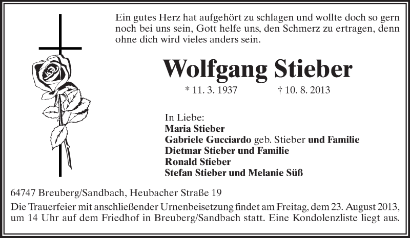  Traueranzeige für Wolfgang Stieber vom 20.08.2013 aus Odenwälder Echo