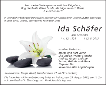 Traueranzeige von Ida Schäfer von Odenwälder Echo