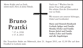 Traueranzeige von Bruno Prattki von Rüsselsheimer Echo, Groß-Gerauer-Echo, Ried Echo