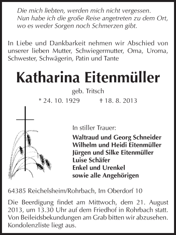 Traueranzeige von Katharina Eitenmüller von Odenwälder Echo