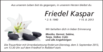 Traueranzeige von Friedel Kaspar von Echo-Zeitungen (Gesamtausgabe)