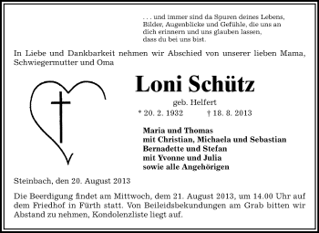 Traueranzeige von Loni Schütz von Starkenburger Echo