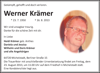Traueranzeige von Werner Krämer  von Odenwälder Echo