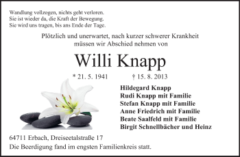 Traueranzeige von Wilhelm Knapp von Odenwälder Echo