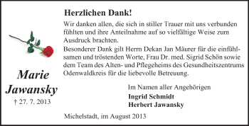 Traueranzeige von Maria Jawansky von Odenwälder Echo