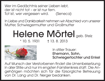 Traueranzeige von Helene Mörtel von Rüsselsheimer Echo, Groß-Gerauer-Echo, Ried Echo