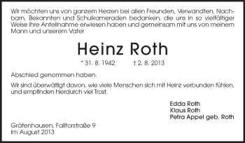 Traueranzeige von Heinz Roth von Echo-Zeitungen (Gesamtausgabe)