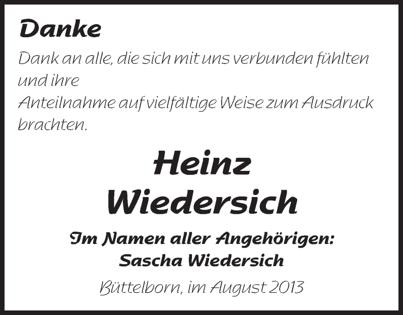  Traueranzeige für Heinz Wiedersich vom 24.08.2013 aus Rüsselsheimer Echo, Groß-Gerauer-Echo, Ried Echo