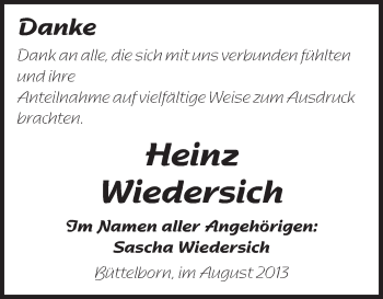 Traueranzeige von Heinz Wiedersich von Rüsselsheimer Echo, Groß-Gerauer-Echo, Ried Echo