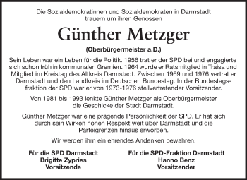 Traueranzeige von Günther Metzger von Echo-Zeitungen (Gesamtausgabe)