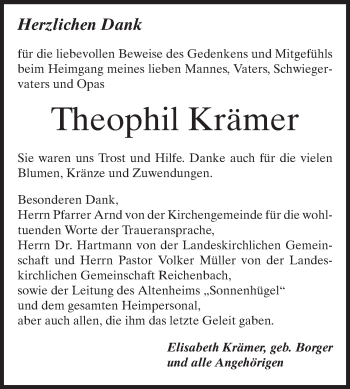 Traueranzeige von Theophil Krämer von Echo-Zeitungen (Gesamtausgabe)