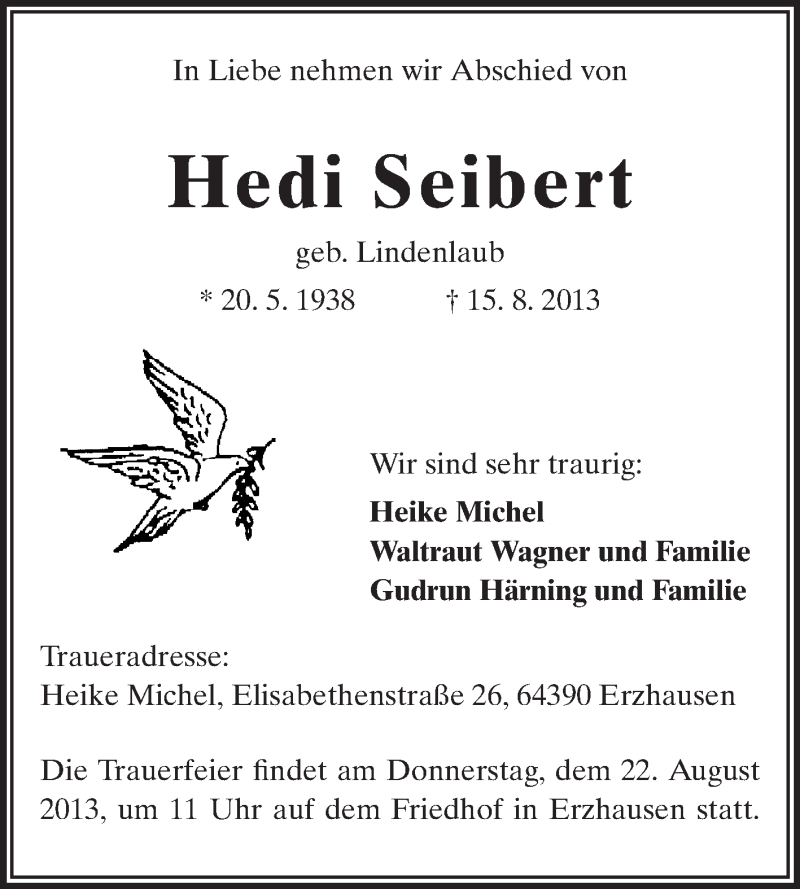  Traueranzeige für Hedi Seibert vom 21.08.2013 aus Echo-Zeitungen (Gesamtausgabe)