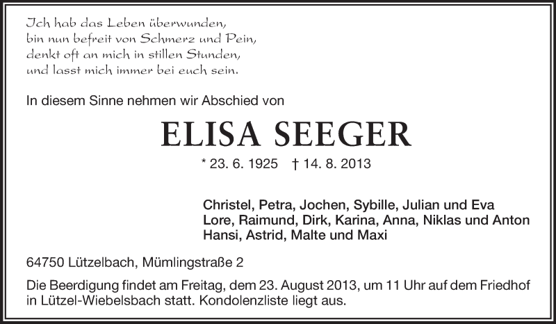  Traueranzeige für Elisa Seeger vom 21.08.2013 aus Odenwälder Echo