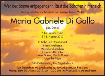 Traueranzeige von Maria Gabriele Di Gallo von Echo-Zeitungen (Gesamtausgabe)