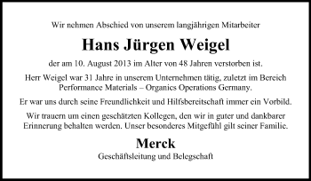 Traueranzeige von Jürgen Weigel von Echo-Zeitungen (Gesamtausgabe)