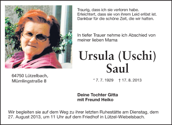 Traueranzeige von Ursula Saul von Odenwälder Echo
