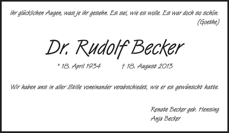  Traueranzeige für Rudolf Becker vom 24.08.2013 aus Darmstädter Echo, Odenwälder Echo, Rüsselsheimer Echo, Groß-Gerauer-Echo, Ried Echo