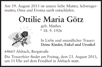 Traueranzeige von Ottilie Maria Götz von Echo-Zeitungen (Gesamtausgabe)