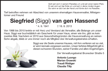 Traueranzeige von Siegfried van gen Hassend von Rüsselsheimer Echo, Groß-Gerauer-Echo, Ried Echo