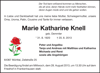 Traueranzeige von Marie Katharine Knell von Echo-Zeitungen (Gesamtausgabe)