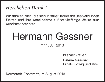 Traueranzeige von Hermann Gessner von Echo-Zeitungen (Gesamtausgabe)