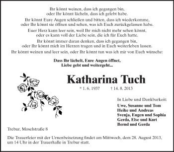 Traueranzeige von Katharina Tuch von Rüsselsheimer Echo, Groß-Gerauer-Echo, Ried Echo