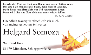 Traueranzeige von Helgard Somoza von Echo-Zeitungen (Gesamtausgabe)