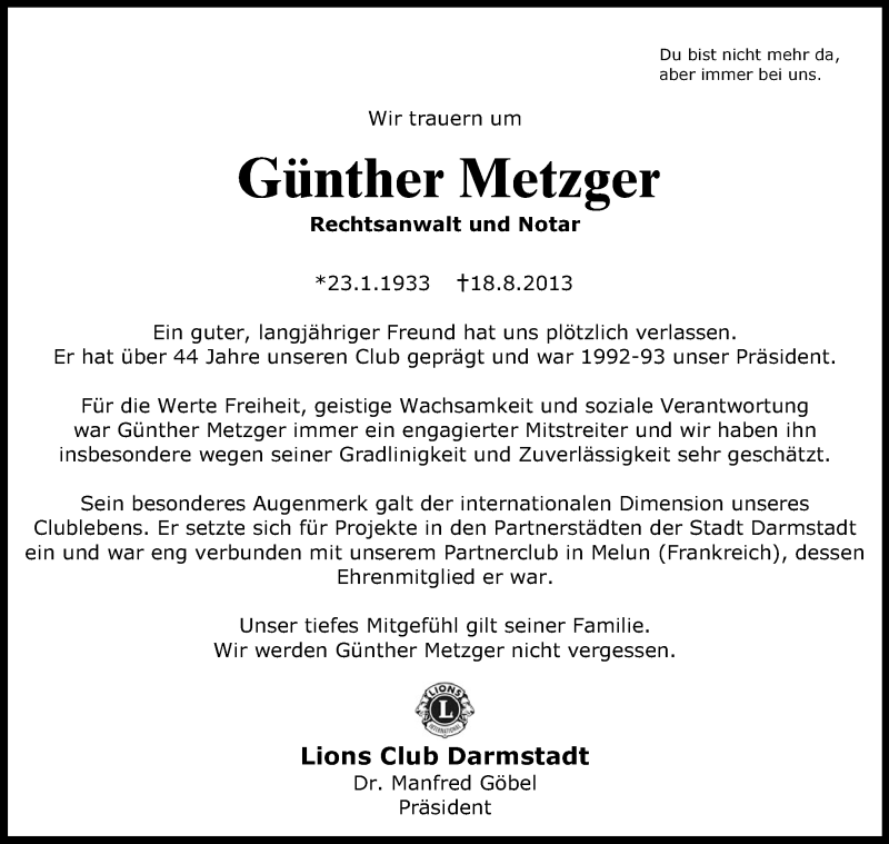 Traueranzeige für Günther Metzger vom 22.08.2013 aus Echo-Zeitungen (Gesamtausgabe)