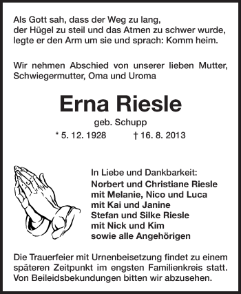 Traueranzeige von Erna Riesle von Rüsselsheimer Echo, Groß-Gerauer-Echo, Ried Echo