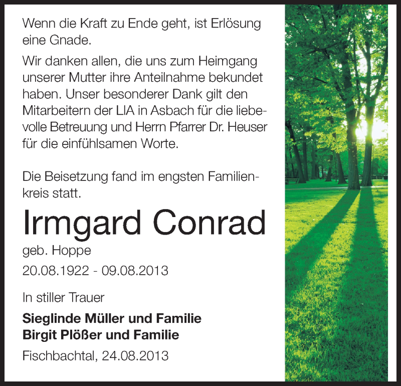  Traueranzeige für Irmgard Conrad vom 24.08.2013 aus Echo-Zeitungen (Gesamtausgabe)