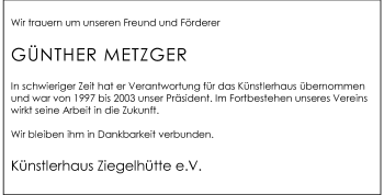 Traueranzeige von Günther Metzger von Echo-Zeitungen (Gesamtausgabe)