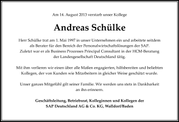 Traueranzeige von Andreas Schülke von Echo-Zeitungen (Gesamtausgabe)
