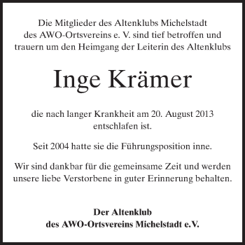 Traueranzeige von Inge Krämer von Odenwälder Echo