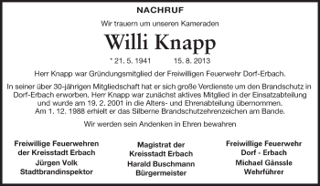 Traueranzeige von Willi Knapp von Odenwälder Echo