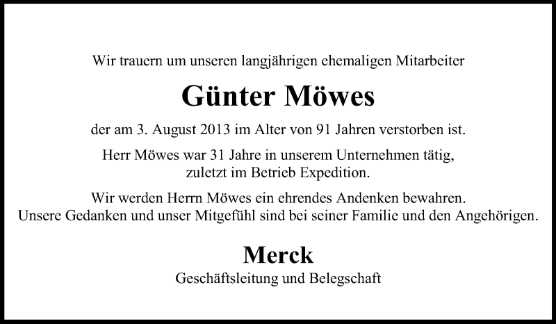  Traueranzeige für Günter Möwes vom 24.08.2013 aus Echo-Zeitungen (Gesamtausgabe)