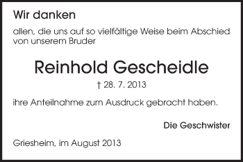 Traueranzeige von Reinhold Gescheidle von Darmstädter Echo, Odenwälder Echo, Rüsselsheimer Echo, Groß-Gerauer-Echo, Ried Echo