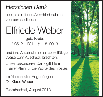 Traueranzeige von Elfriede Weber von Odenwälder Echo
