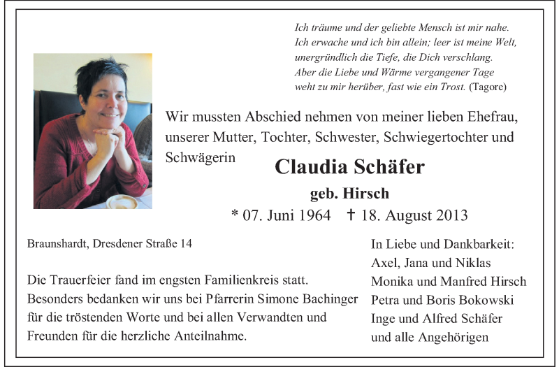  Traueranzeige für Claudia Schäfer vom 24.08.2013 aus Echo-Zeitungen (Gesamtausgabe)