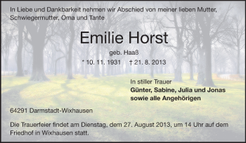 Traueranzeige von Emilie Horst von Echo-Zeitungen (Gesamtausgabe)