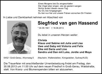 Traueranzeige von Siegfried van gen Hassend von Rüsselsheimer Echo, Groß-Gerauer-Echo, Ried Echo