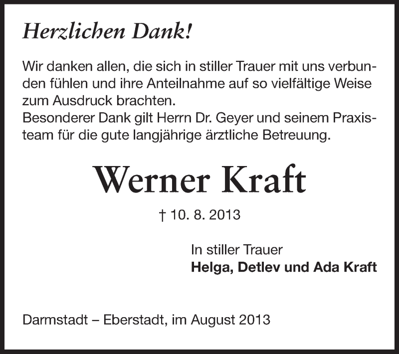 Traueranzeige für Werner Kraft vom 31.08.2013 aus Echo-Zeitungen (Gesamtausgabe)