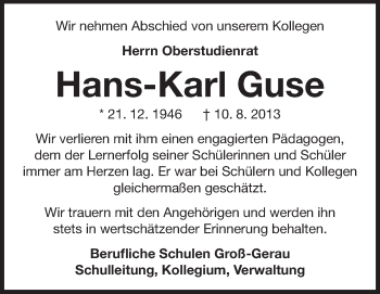 Traueranzeige von Hans-Karl Guse von Rüsselsheimer Echo, Groß-Gerauer-Echo, Ried Echo