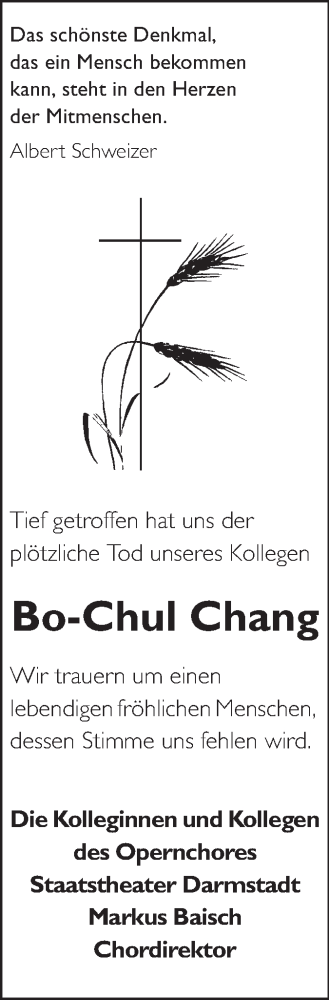 Traueranzeige von Bo-Chul Chang von Echo-Zeitungen (Gesamtausgabe)